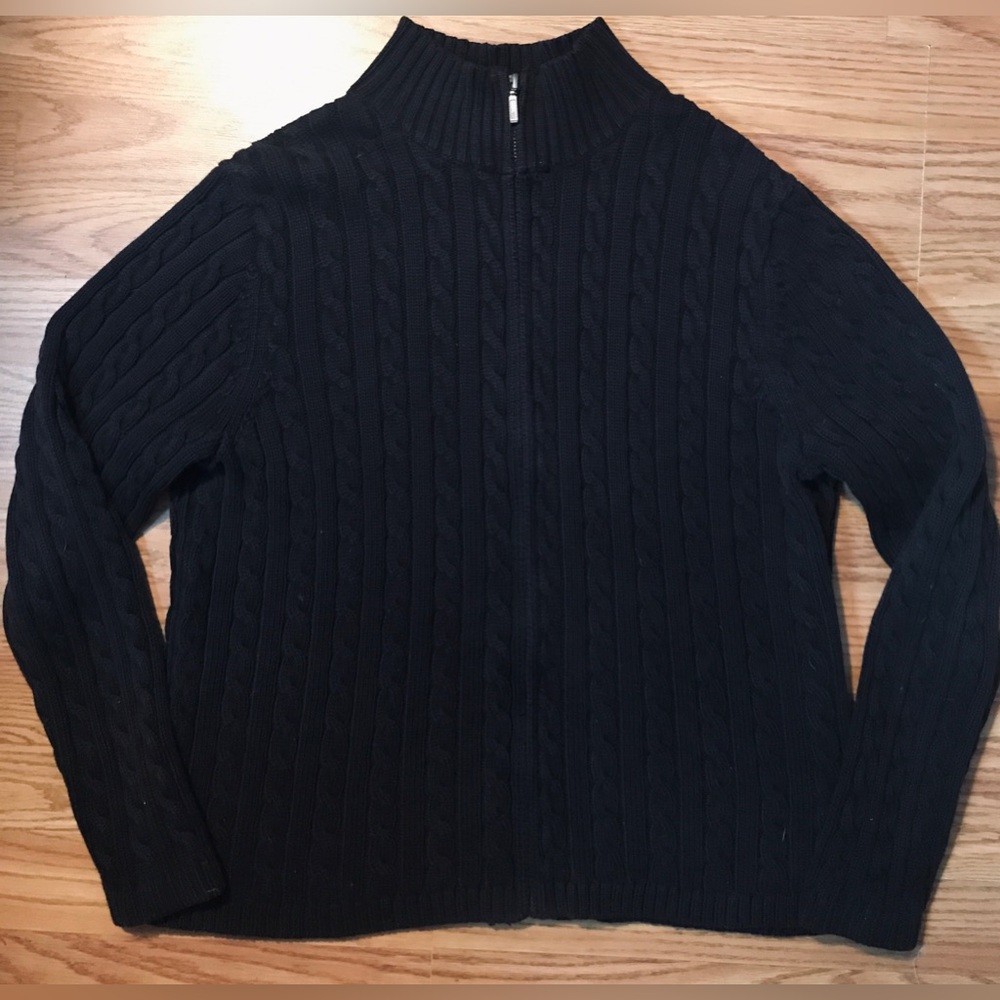 L.L. Bean Cable Knit Cardigan Sweater Womens XL Black Zip Up 100% Cotton